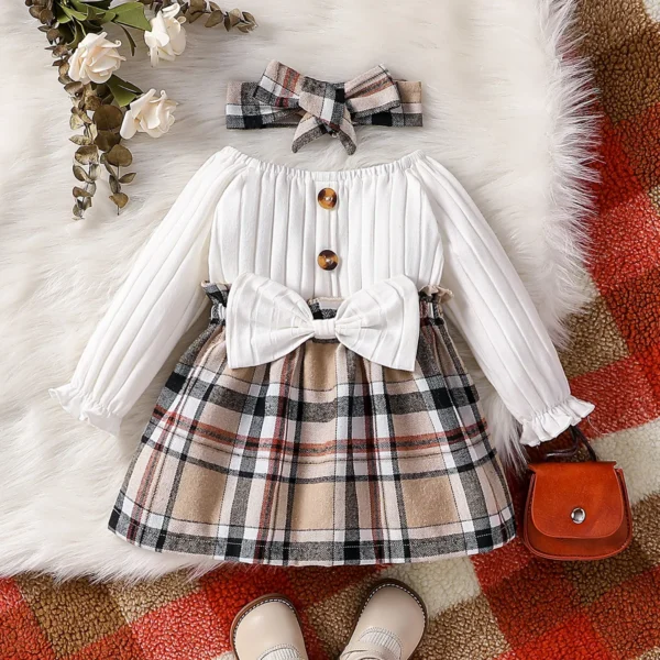 Baby Girls Autumn/Spring Long Sleeve With Bow Elegant Plaid Streetwear Dress+headband