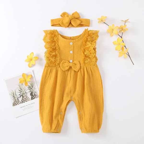 Baby Girl Cotton Linen Romper Two-piece Clothes Set Sleeveless Round Collar Jumpsuit Headdress Pink/ White/ Purple/ Green/Yellow - Image 3