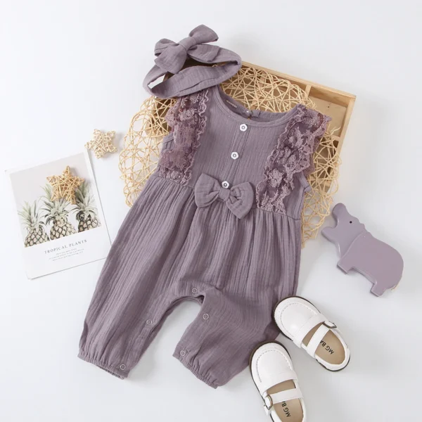 Baby Girl Cotton Linen Romper Two-piece Clothes Set Sleeveless Round Collar Jumpsuit Headdress Pink/ White/ Purple/ Green/Yellow - Image 4