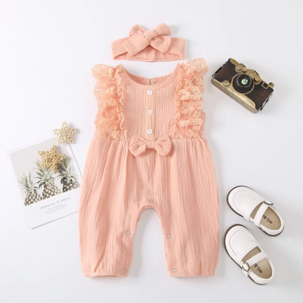 Baby Girl Cotton Linen Romper Two-piece Clothes Set Sleeveless Round Collar Jumpsuit Headdress Pink/ White/ Purple/ Green/Yellow - Image 2