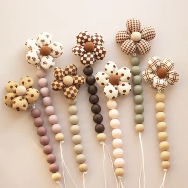 Wooden Cute Flower Baby Pacifier Chain Silicone Bead Dummy Nipple Holder Guard Teether Pendant Baby Accessories