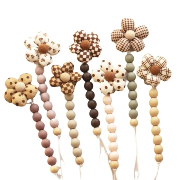 Wooden Cute Flower Baby Pacifier Chain Silicone Bead Dummy Nipple Holder Guard Teether Pendant Baby Accessories - Image 3