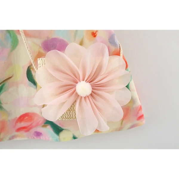 2 Pcs summer baby girl dress with sweet large flower doll collar sleeveless cotton dress paired with large flower crossbody bag - Image 4