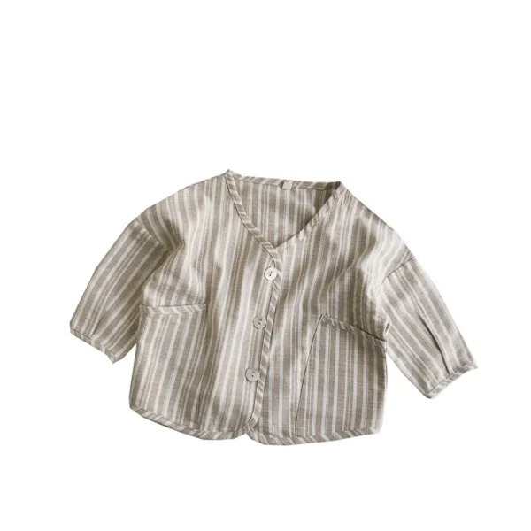 Spring Autumn Korean Kids Boys Coat Striped Cotton Linen Long Sleeve Loose Little Boys Cardigan Pocket Buttons Toddler Boy Coat - Image 4