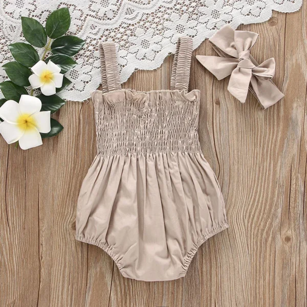Baby's Clothes Summer Jumpsuit Outfit Solid Color Ruched Toddler Girl Casual Sleeveless Suspender Kids Rompers Headband Set - Image 5