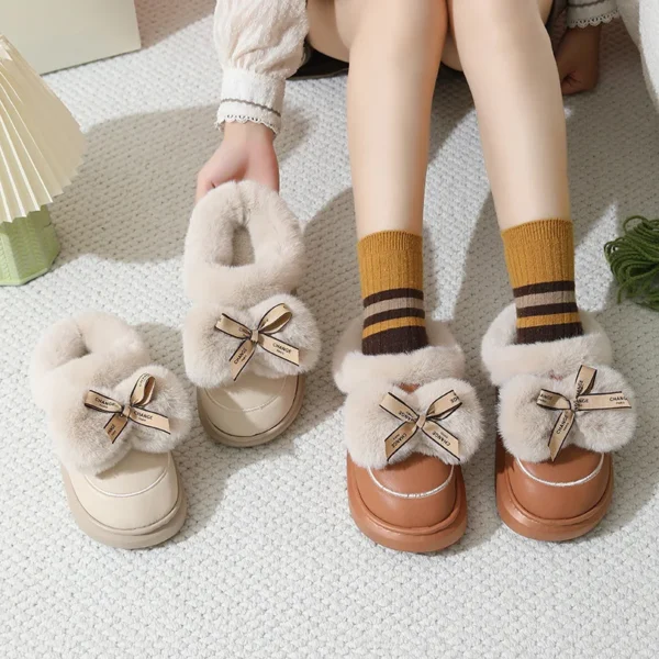 Winter Warm Fluffy Bowknot Round Toe EVA Indoor Household Slippers Comfortable Shoes Sweet Cute - Image 4