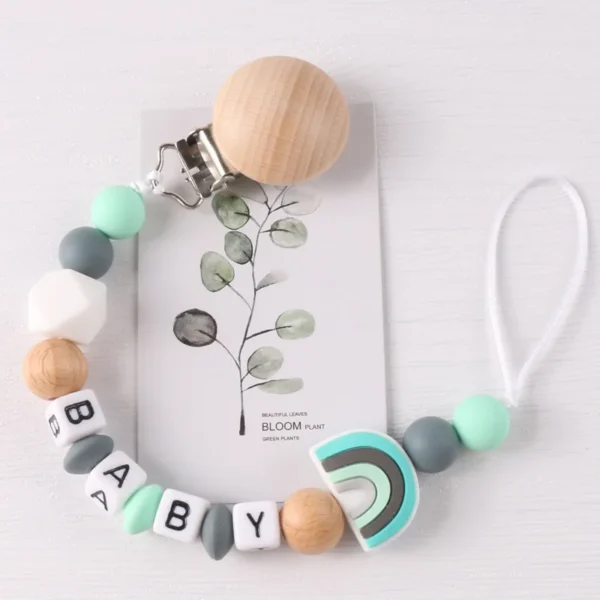 Custom Personalized Name Pacifier Holder Chain Handmade Beech Wooden Clip Cilicone Teether Baby Teething Toy Newborn Chew Gift - Image 2