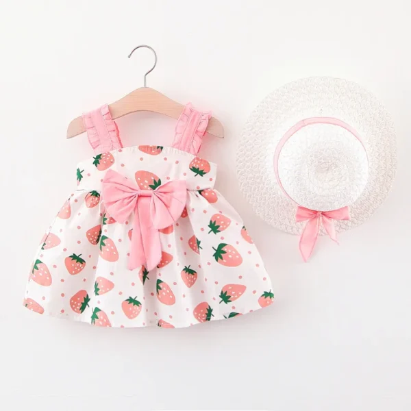 Summer New Girls' Dress Baby Girl Dress Korean Version Floral Dress Baby Stylish Cotton Dress Bow Tie Hat Included