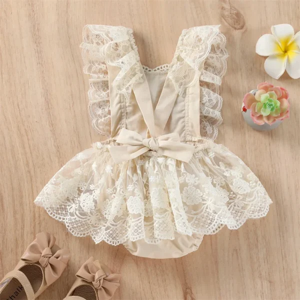 Baby Summer Clothing Newborn Baby Girl Solid Ruffle Fly Sleeve Lace Romper Jumpsuit Tutu Dress Outfits Clothes 0-24M - Image 2