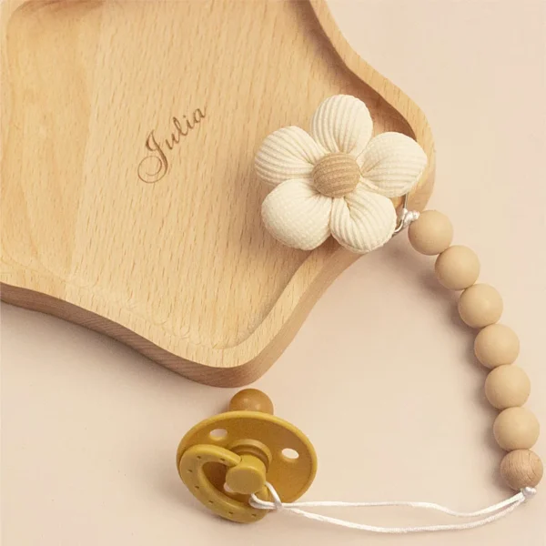 Wooden Cute Flower Baby Pacifier Chain Silicone Bead Dummy Nipple Holder Guard Teether Pendant Baby Accessories - Image 2