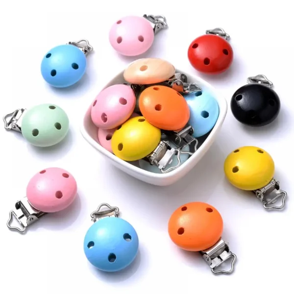 5Pcs/Lot 10 Colors 30mm Baby DIY Nipple Chain Essential Accessories Round Wood Pacifier Clip for Baby Safe Teething Jewelry - Image 2