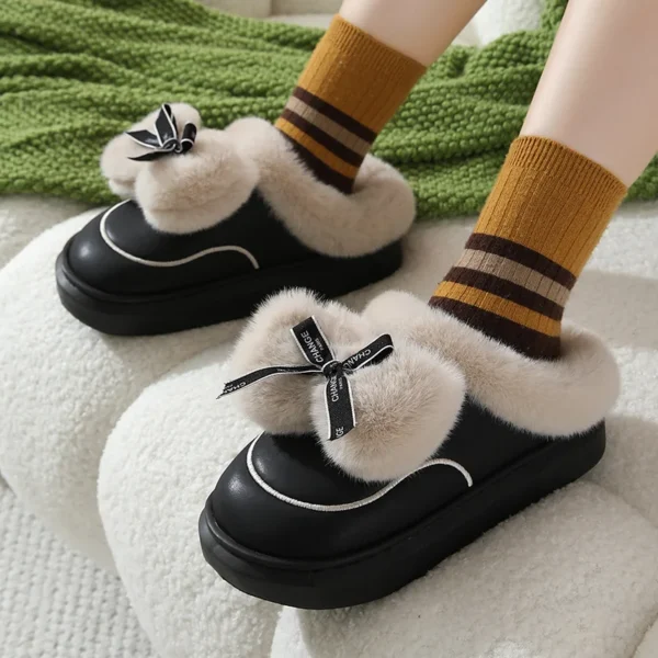 Winter Warm Fluffy Bowknot Round Toe EVA Indoor Household Slippers Comfortable Shoes Sweet Cute - Image 3