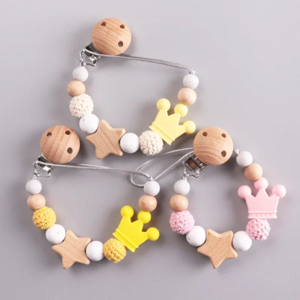 Baby Pacifier Chain Clips Wood Pentagram Teether Silicone Round Beads Teething Chain For Care Soother Chew Toys - Image 3