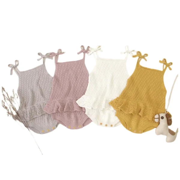 100% Cotton Knit Baby Romper 0-2 Years Bowknot Ruffled Sling Jumpsuit for Infant Girls Snap Button Diaper Change Design Romper