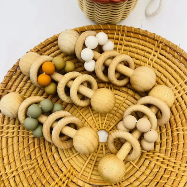 Infant Handhold Shaking Bell Beech Wood Teething Toy Rattle Educational Baby Silicone Bead Chain Auditory Enlightenment - Image 2