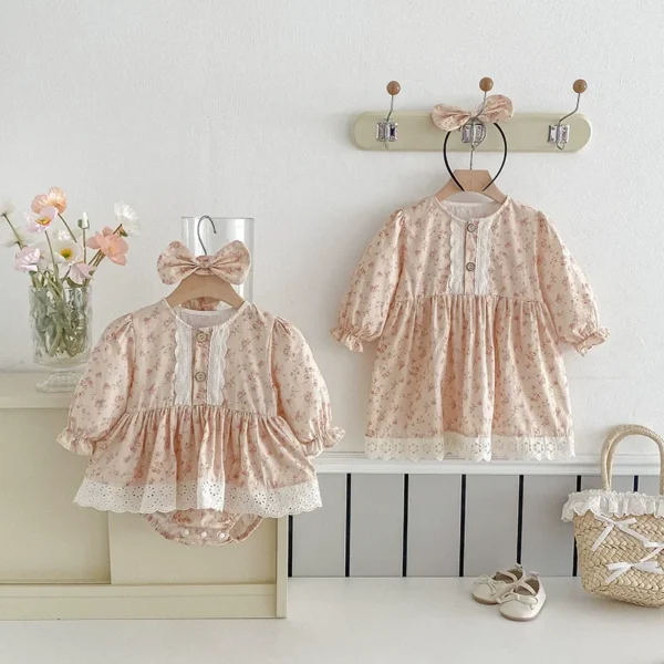 UNIFEMN Baby Girls Sister Look Set Cartoon Cat Lace Long Sleeve Infant Girls Rompers With Hairband Kids Girls Princess Dress - Image 4
