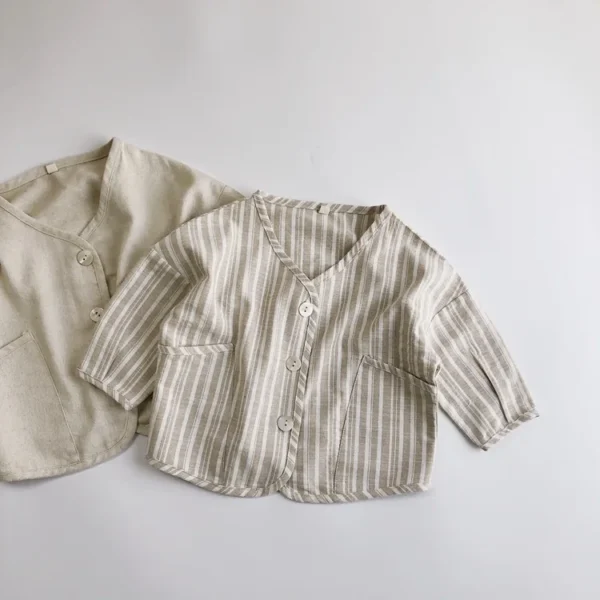 Spring Autumn Korean Kids Boys Coat Striped Cotton Linen Long Sleeve Loose Little Boys Cardigan Pocket Buttons Toddler Boy Coat - Image 2