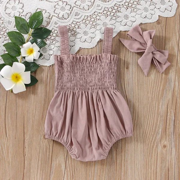 Baby's Clothes Summer Jumpsuit Outfit Solid Color Ruched Toddler Girl Casual Sleeveless Suspender Kids Rompers Headband Set - Image 4