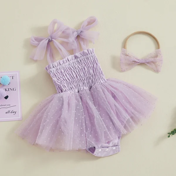 2Pcs Baby Girl Romper Summer Outfits Sleeveless Tie Strap Smocked Romper Dress with Headband Infant Cute Clothes - Image 3