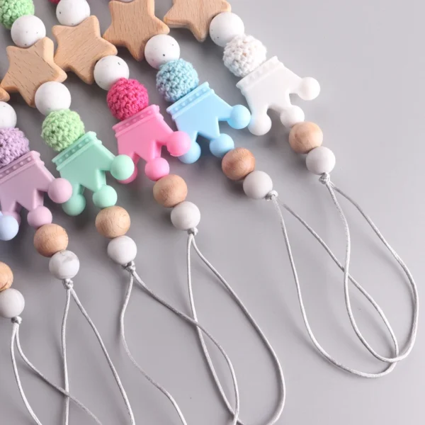 Baby Pacifier Chain Clips Wood Pentagram Teether Silicone Round Beads Teething Chain For Care Soother Chew Toys - Image 5