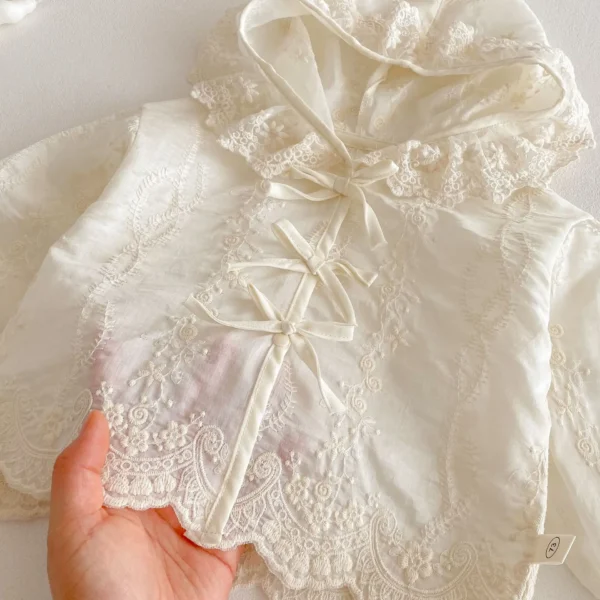 Girls' Solid Color Air-conditioned Shirts 2025 New Summer Baby Embroidered Lace Tops Thin Hooded Jacket Coat - Image 2