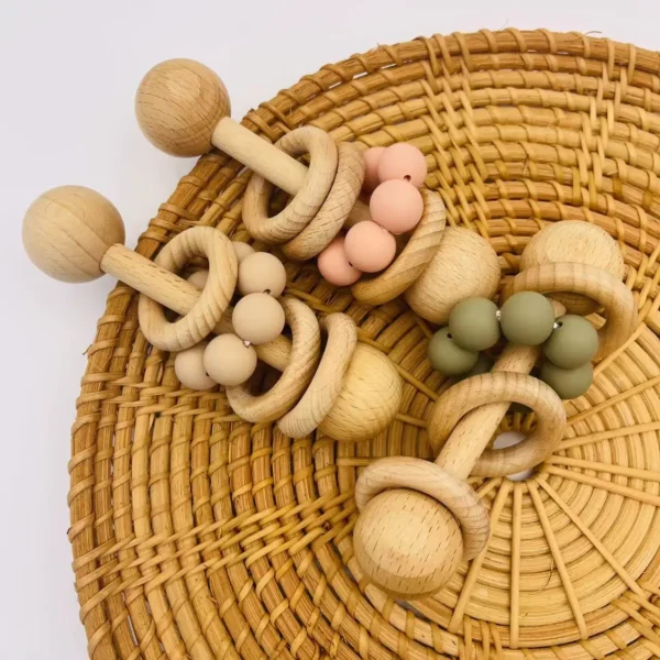 Infant Handhold Shaking Bell Beech Wood Teething Toy Rattle Educational Baby Silicone Bead Chain Auditory Enlightenment - Image 3