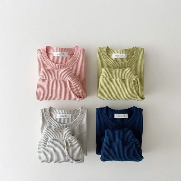 Korean Baby Clothing Sets Waffle Cotton Kids Boys Girls Clothes Spring Autumn Loose Tracksuit Pullovers Tops+Pants 2PCS Sets - Image 2