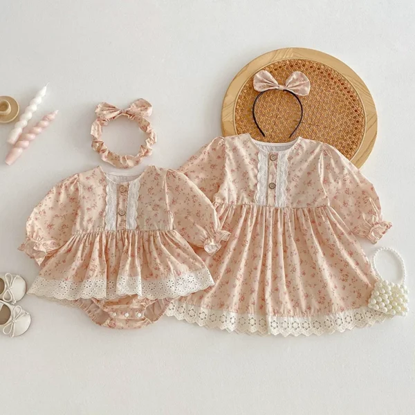UNIFEMN Baby Girls Sister Look Set Cartoon Cat Lace Long Sleeve Infant Girls Rompers With Hairband Kids Girls Princess Dress - Image 3