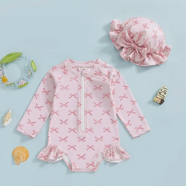 MISOWMNJOY Princess Baby Girl Swimwear Long Sleeve Rash Guard Beach Swimsuit Bow/Cherry Print Toddler Bathing Suit with Sun Hat
