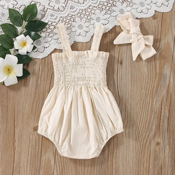 Baby's Clothes Summer Jumpsuit Outfit Solid Color Ruched Toddler Girl Casual Sleeveless Suspender Kids Rompers Headband Set - Image 2