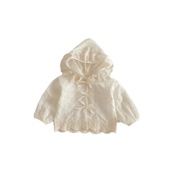 Girls' Solid Color Air-conditioned Shirts 2025 New Summer Baby Embroidered Lace Tops Thin Hooded Jacket Coat - Image 5