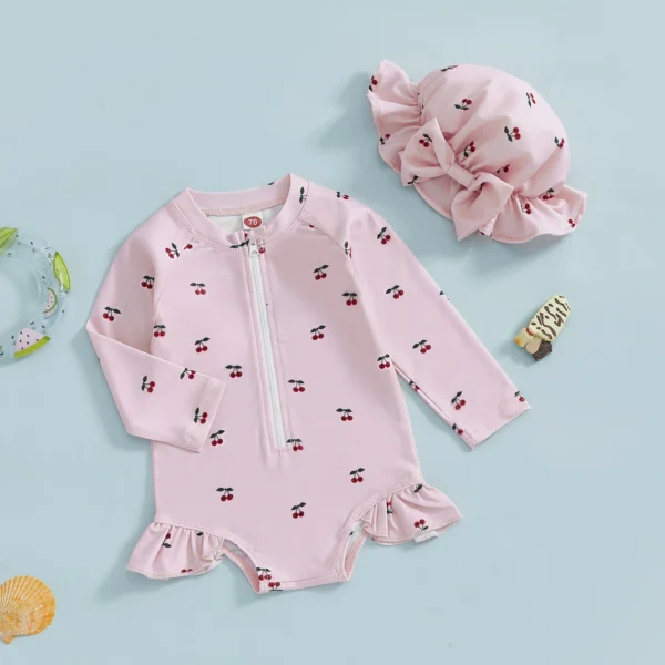 MISOWMNJOY Princess Baby Girl Swimwear Long Sleeve Rash Guard Beach Swimsuit Bow/Cherry Print Toddler Bathing Suit with Sun Hat - Image 2