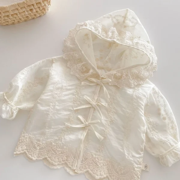 Girls' Solid Color Air-conditioned Shirts 2025 New Summer Baby Embroidered Lace Tops Thin Hooded Jacket Coat - Image 4