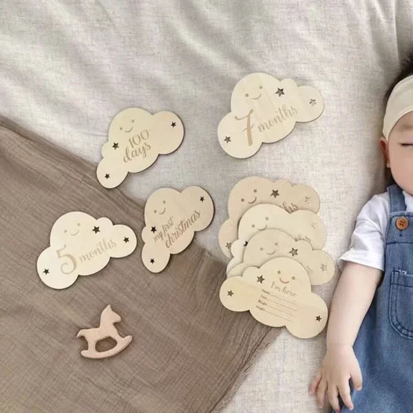 8pc/set Wooden Baby Milestone Card for Newborn Cute Cloud Shape Photography Props Accessories Month Cards Sticker Newborn Gifts - Image 7