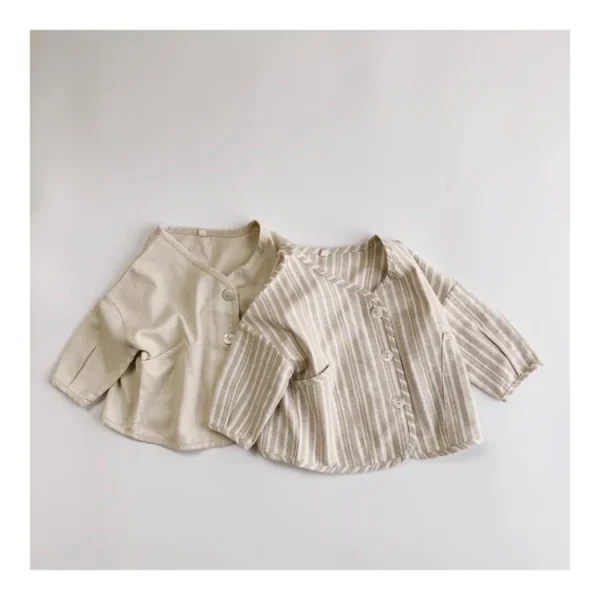Spring Autumn Korean Kids Boys Coat Striped Cotton Linen Long Sleeve Loose Little Boys Cardigan Pocket Buttons Toddler Boy Coat