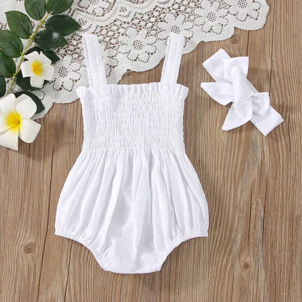 Baby's Clothes Summer Jumpsuit Outfit Solid Color Ruched Toddler Girl Casual Sleeveless Suspender Kids Rompers Headband Set - Image 3
