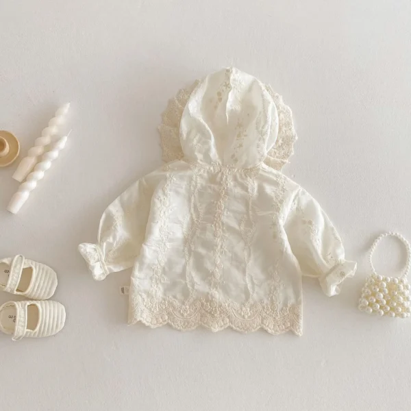 Girls' Solid Color Air-conditioned Shirts 2025 New Summer Baby Embroidered Lace Tops Thin Hooded Jacket Coat - Image 6