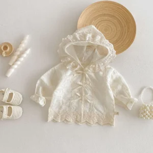 Girls' Solid Color Air-conditioned Shirts 2025 New Summer Baby Embroidered Lace Tops Thin Hooded Jacket Coat