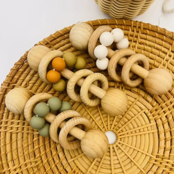 Infant Handhold Shaking Bell Beech Wood Teething Toy Rattle Educational Baby Silicone Bead Chain Auditory Enlightenment - Image 4