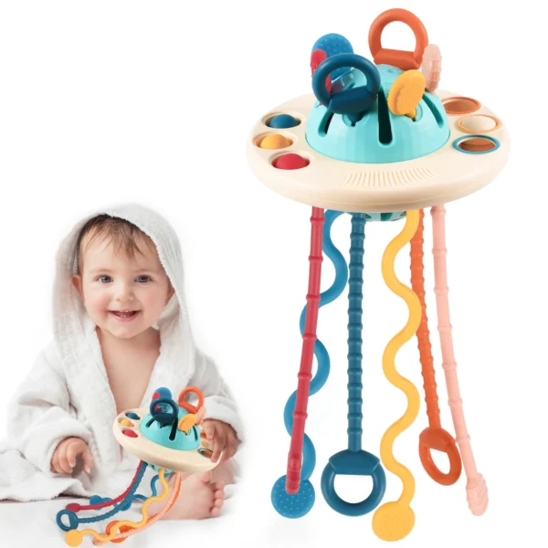 Montessori Toys, Sensory Toys for Toddlers,UFO Food Grade Silicone Pull String Activity Toy,Travel Toys for Baby,Baby Toys