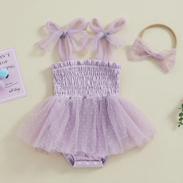 2Pcs Baby Girl Romper Summer Outfits Sleeveless Tie Strap Smocked Romper Dress with Headband Infant Cute Clothes - Image 2