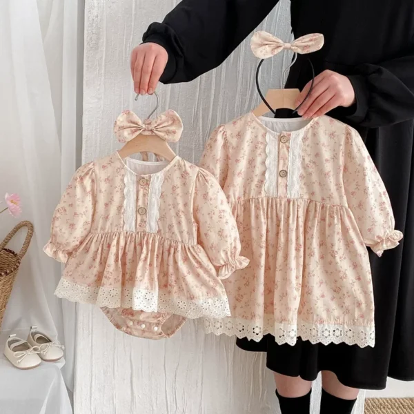 UNIFEMN Baby Girls Sister Look Set Cartoon Cat Lace Long Sleeve Infant Girls Rompers With Hairband Kids Girls Princess Dress - Image 2