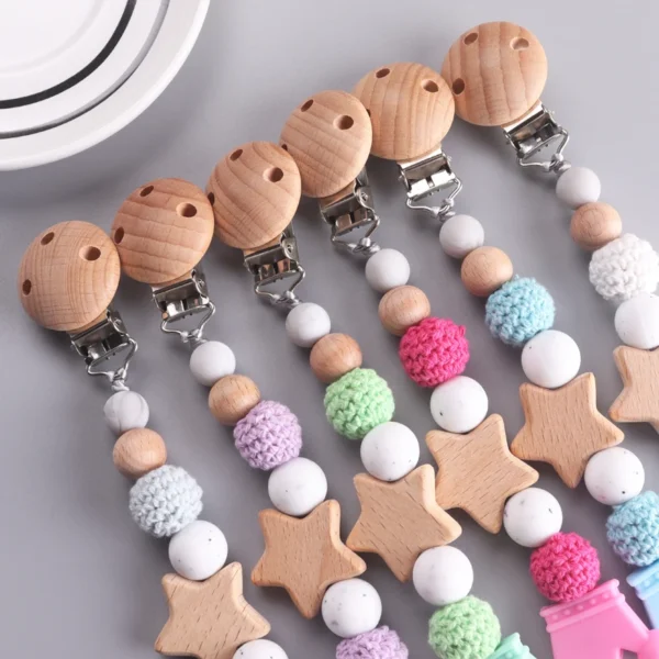 Baby Pacifier Chain Clips Wood Pentagram Teether Silicone Round Beads Teething Chain For Care Soother Chew Toys - Image 4